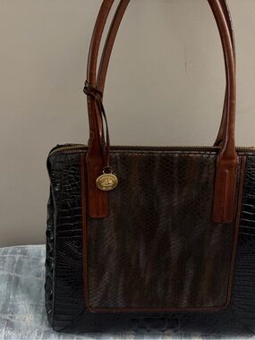Brahmin Black Croc-Embossed & Brown Leather Shoulder Bag
